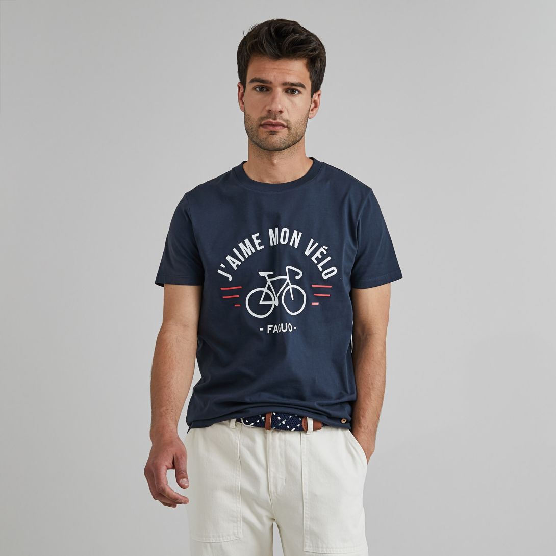 T-shirt col rond bleu marine J'aime mon vélo coton - modèle Arcy - FAGUO
