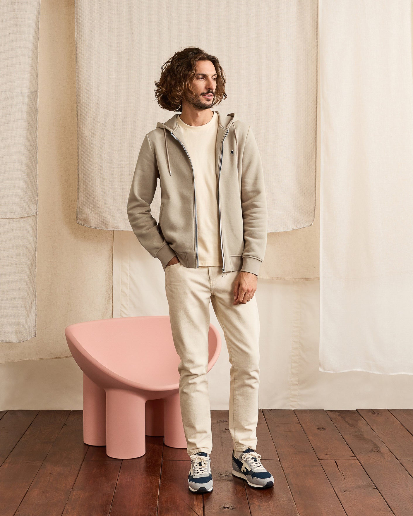 Sweat beige clair coton & polyester recycles - modele MESNIL