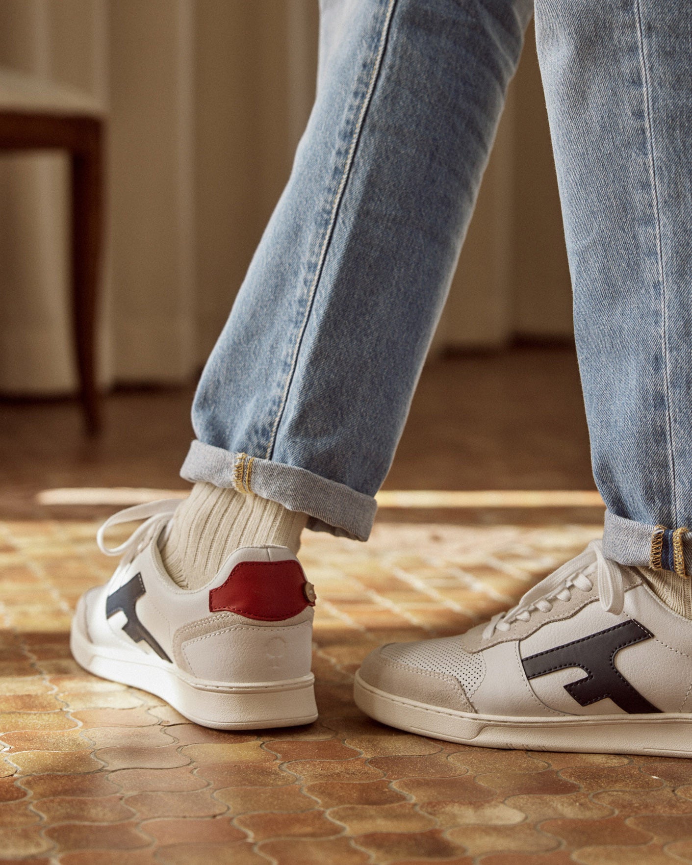 White & navy blue leather & suede leather trainers - HAZEL model