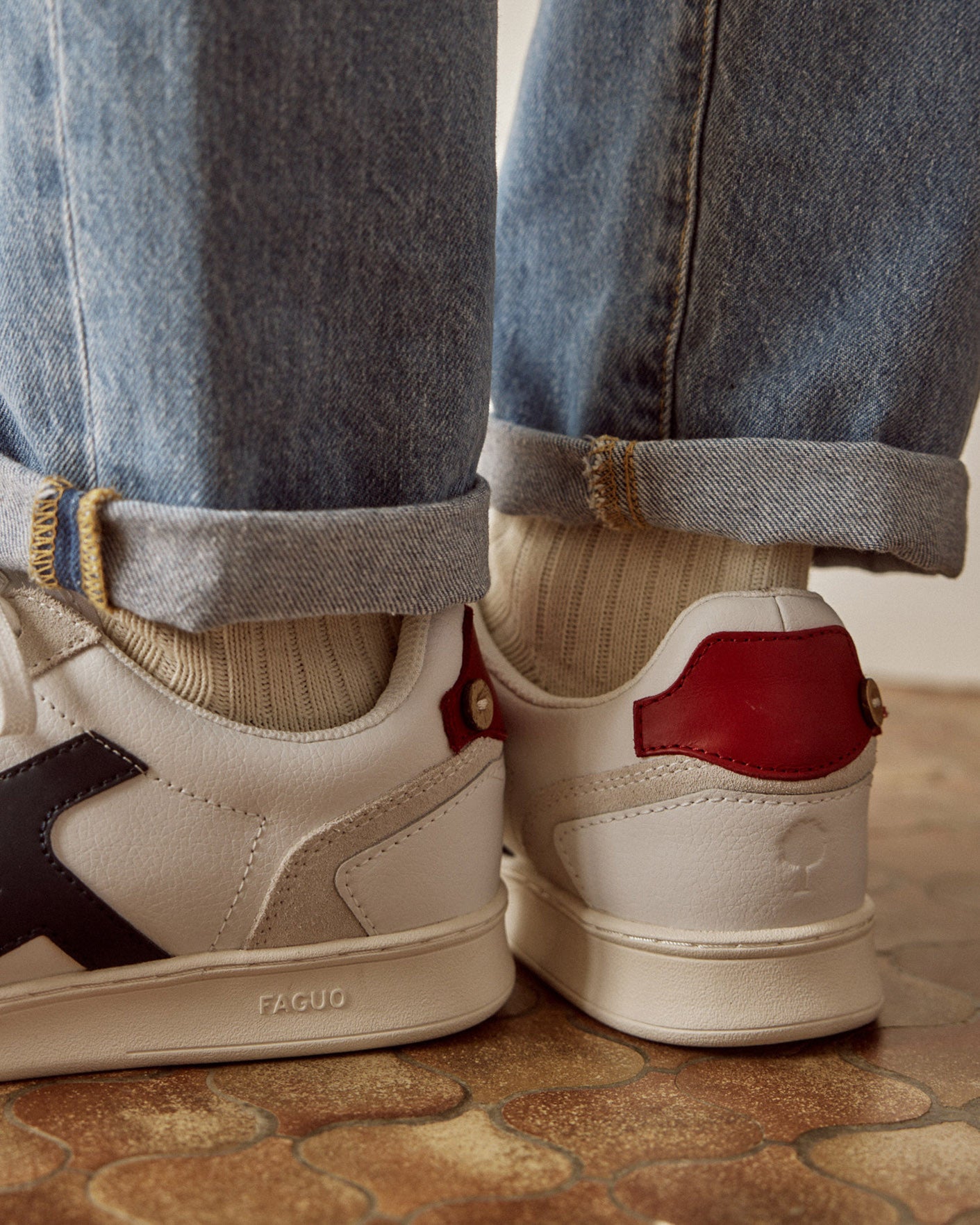 White & navy blue leather & suede leather trainers - HAZEL model