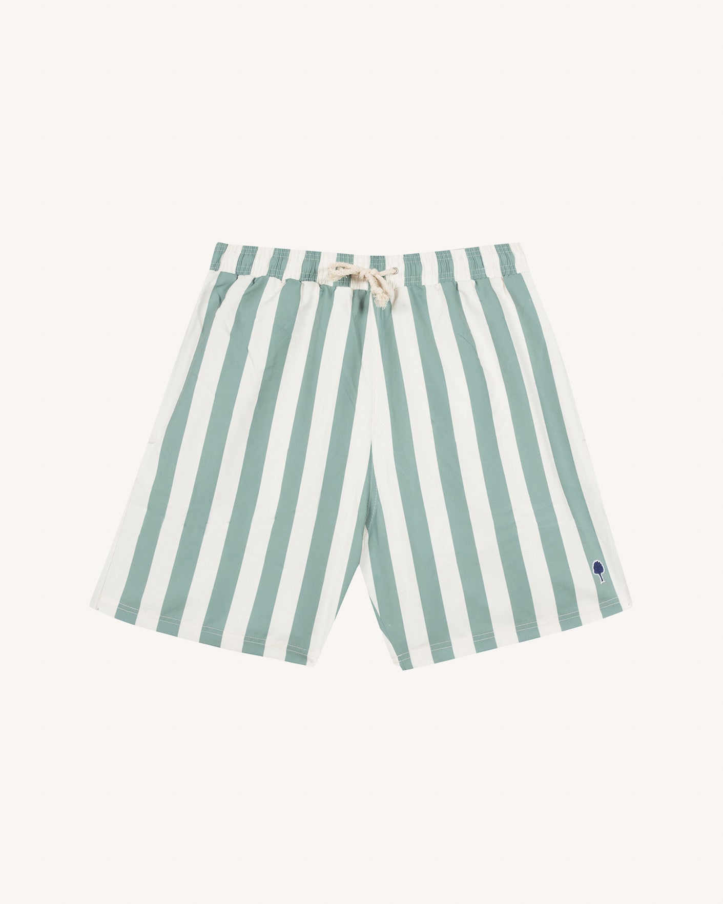 Ecru swim trunks with green stripes