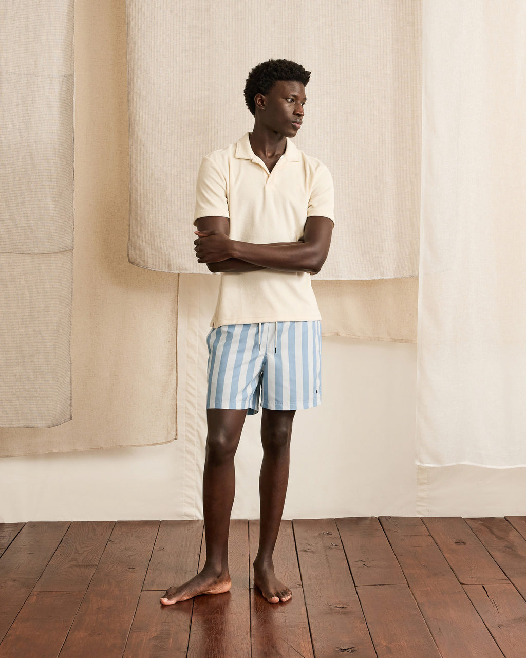 Striped ecru & light blue swimming trunks