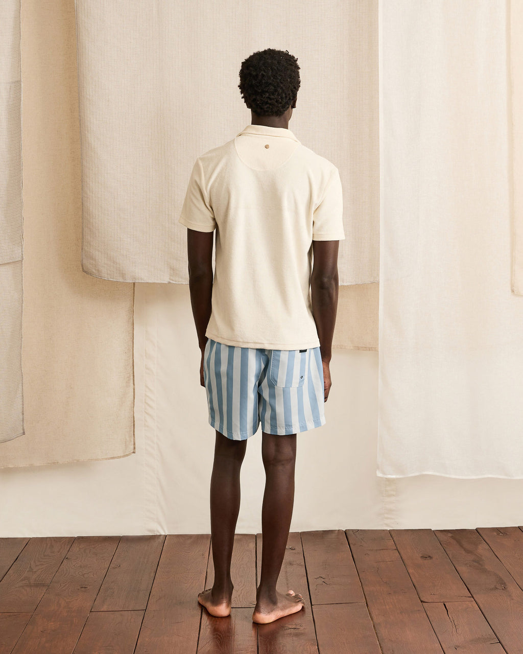Striped ecru & light blue swimming trunks