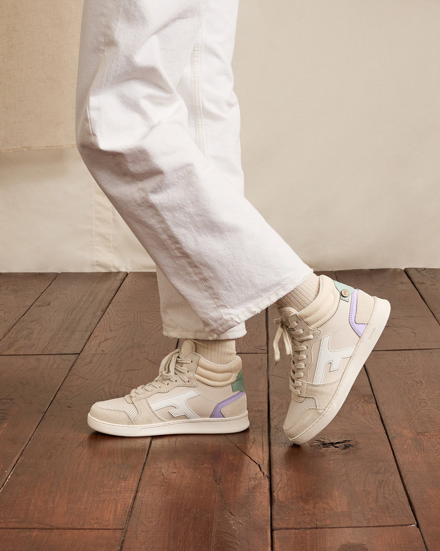 High-top ecru & beige trainers