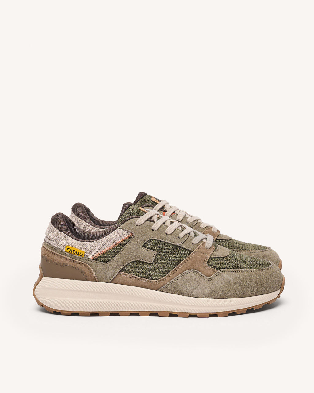 Khaki & brown recycled polyester & suede running shoes - LIMWOOD model
