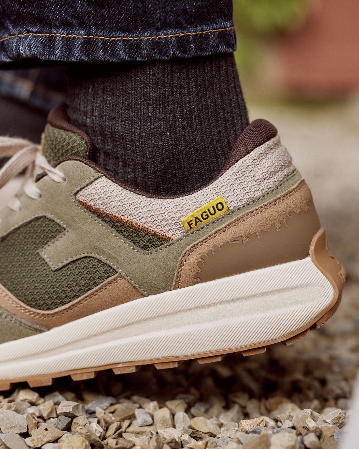 Khaki & brown recycled polyester & suede running shoes - LIMWOOD model