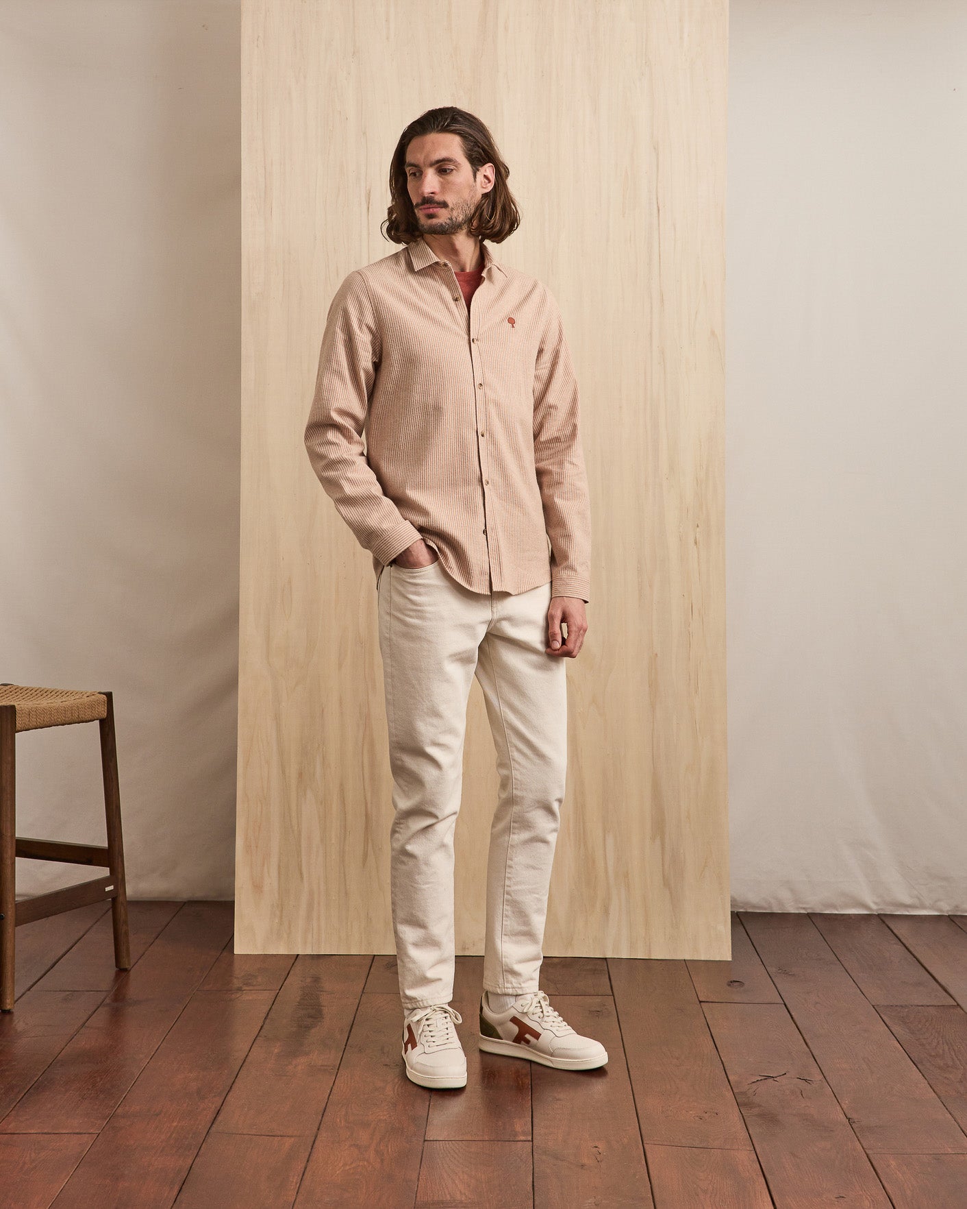 Chemise crème & beige clair broderie arbre