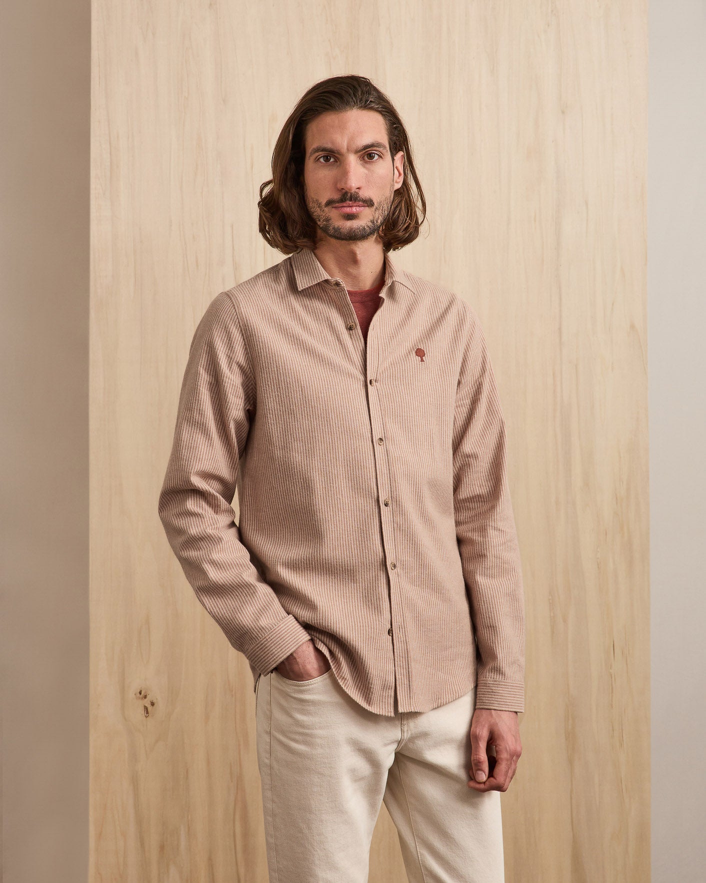 Chemise crème & beige clair broderie arbre