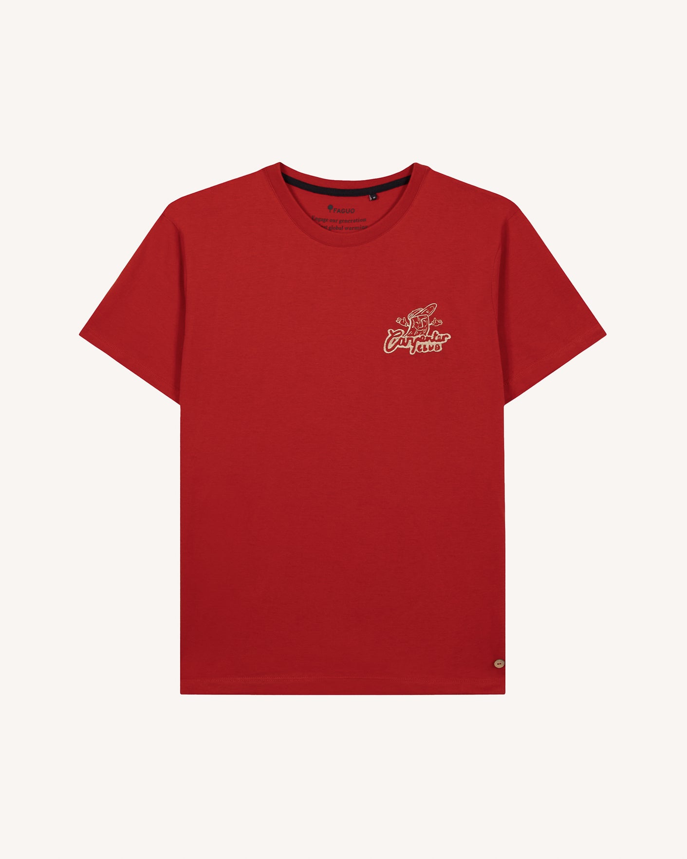 Dark red t-shirt with "carpenter club" embroidery