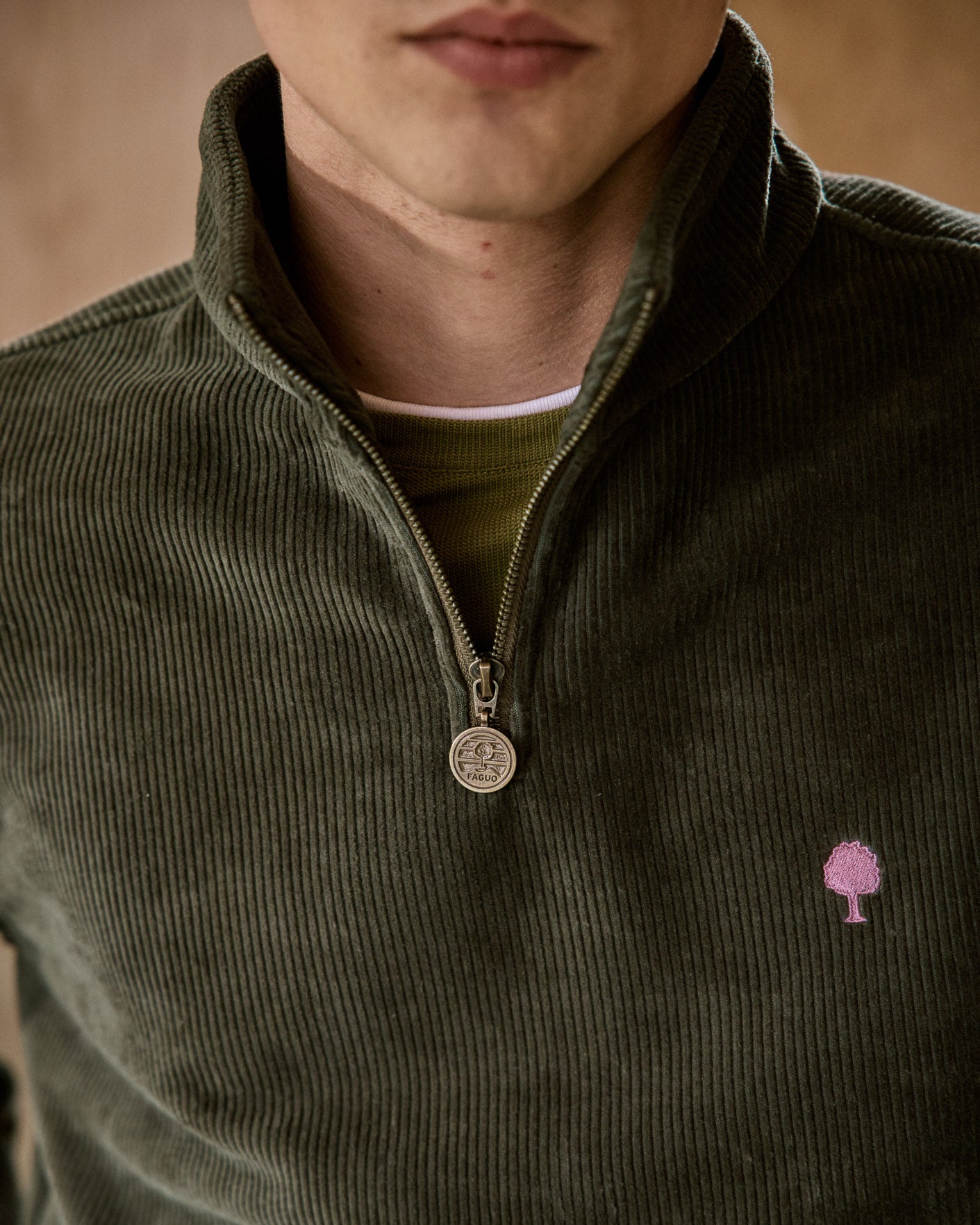 Dark olive green zip-up funnel neck sweatshirt
