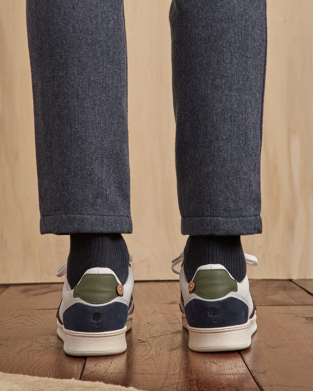 White & navy blue trainers
