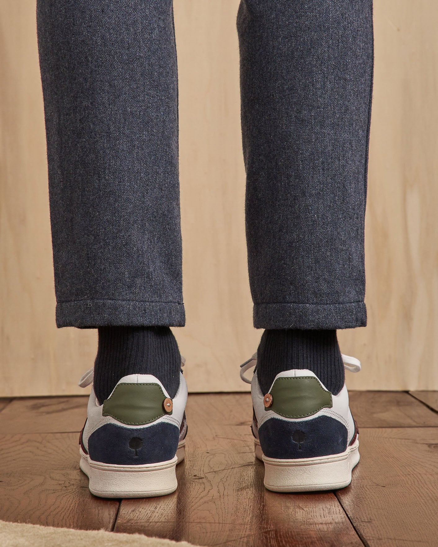 White & navy blue trainers