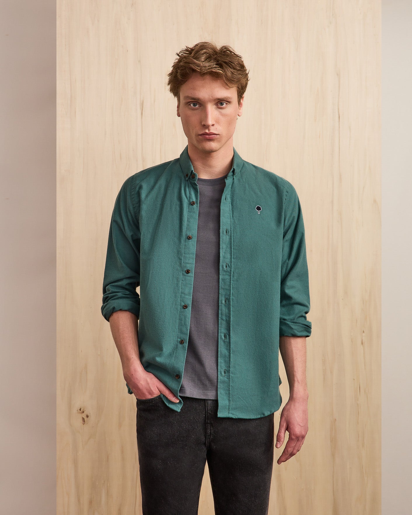 Light green shirt with tree embroidery