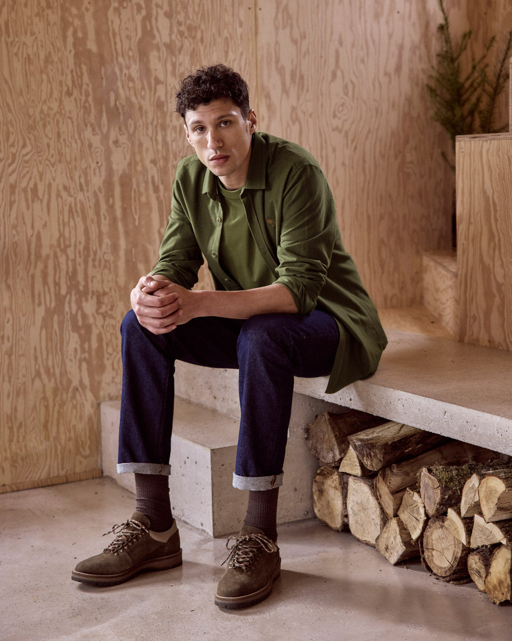 Chemise kaki & multicolore broderie arbre