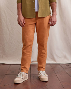 Elastische broek DREUILLE van licht baksteenrood geweven materiaal
