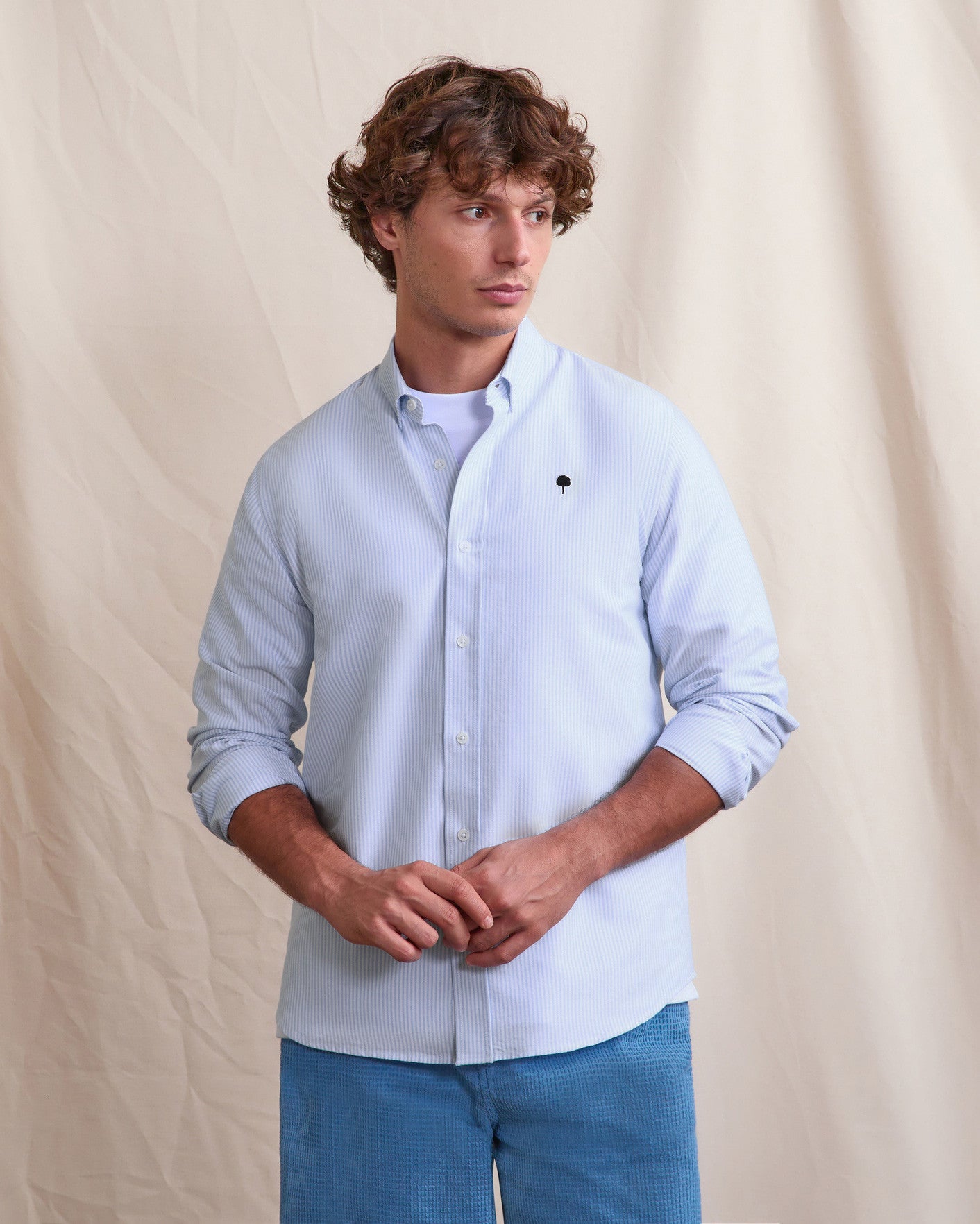Chemise ml Ivoy Chaine et trame Off-white/blue
