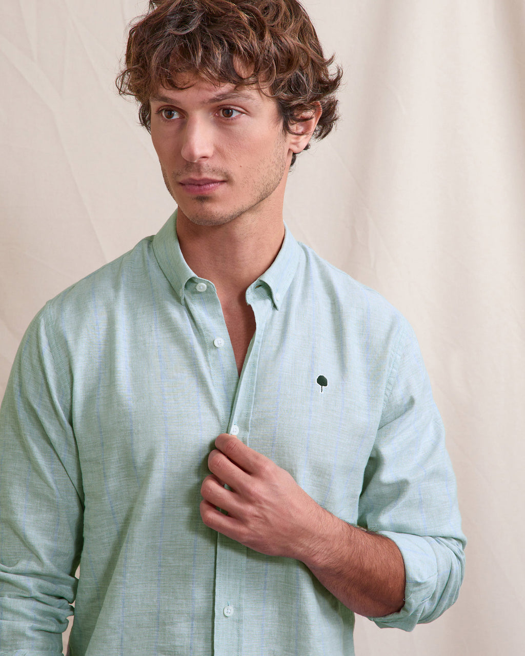 Chemise ml Ivoy Chaine et trame Lichen/navy
