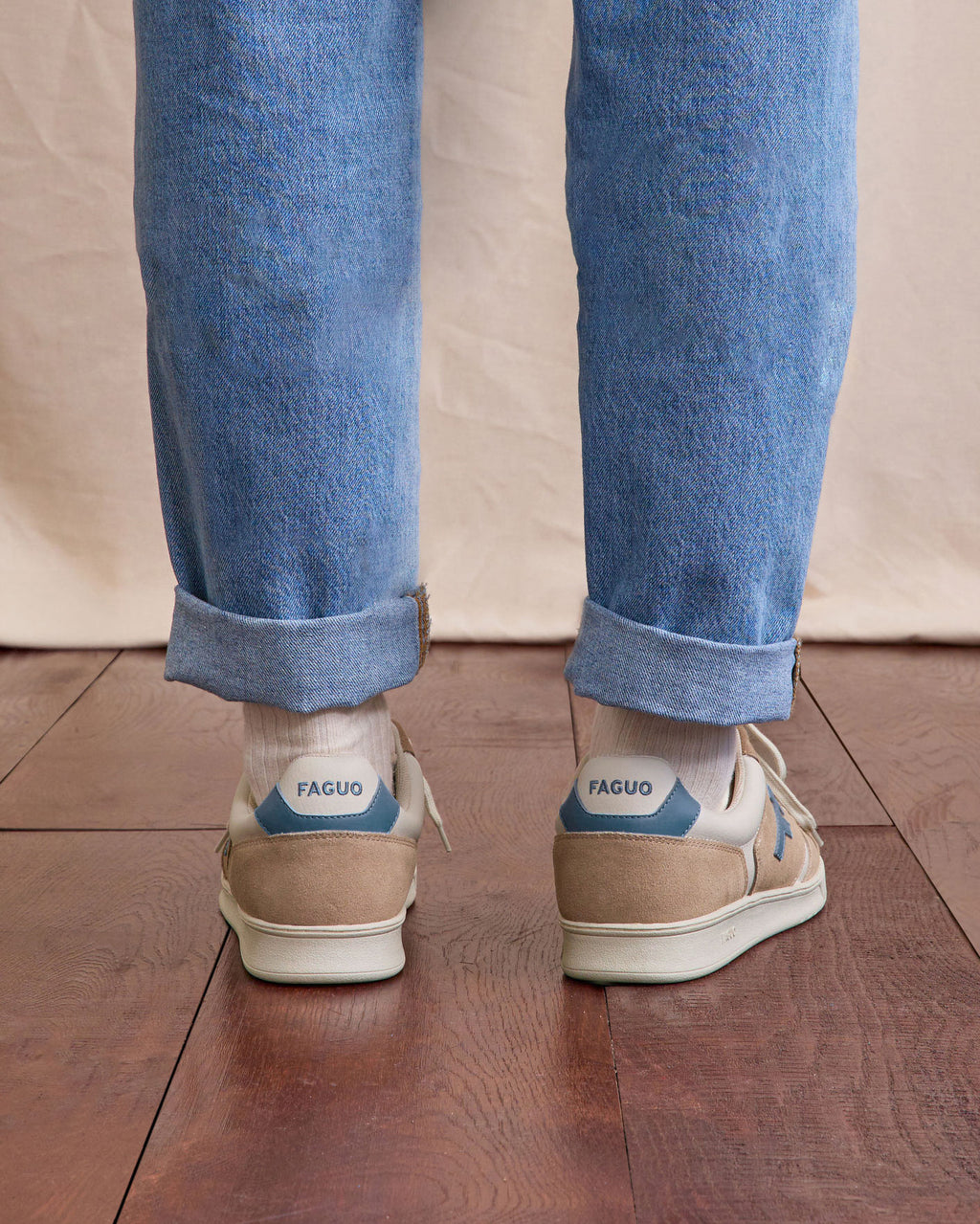 Baskets basses taupe & beige & bleu cuir - PALMER