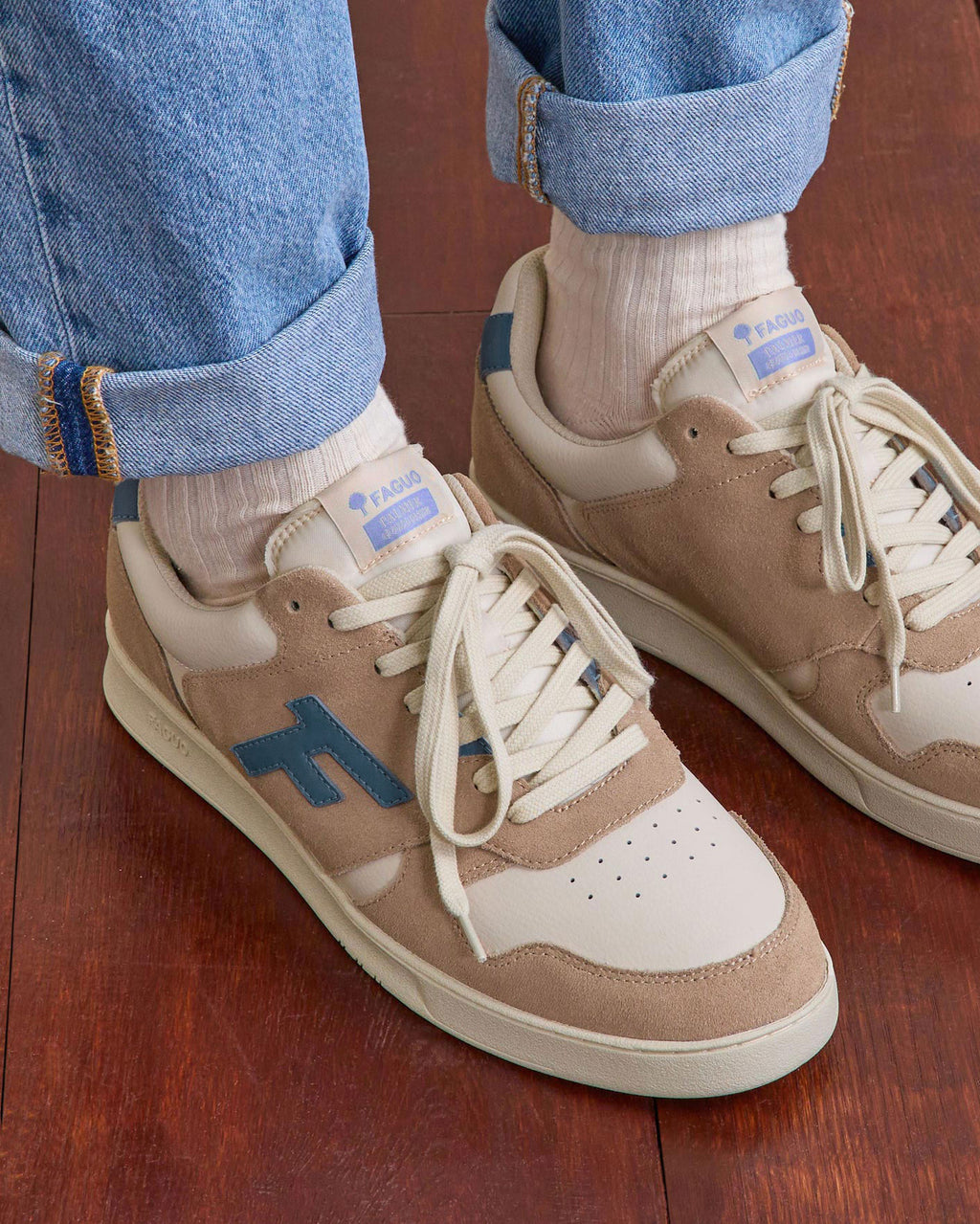 Baskets basses taupe & beige & bleu cuir - PALMER