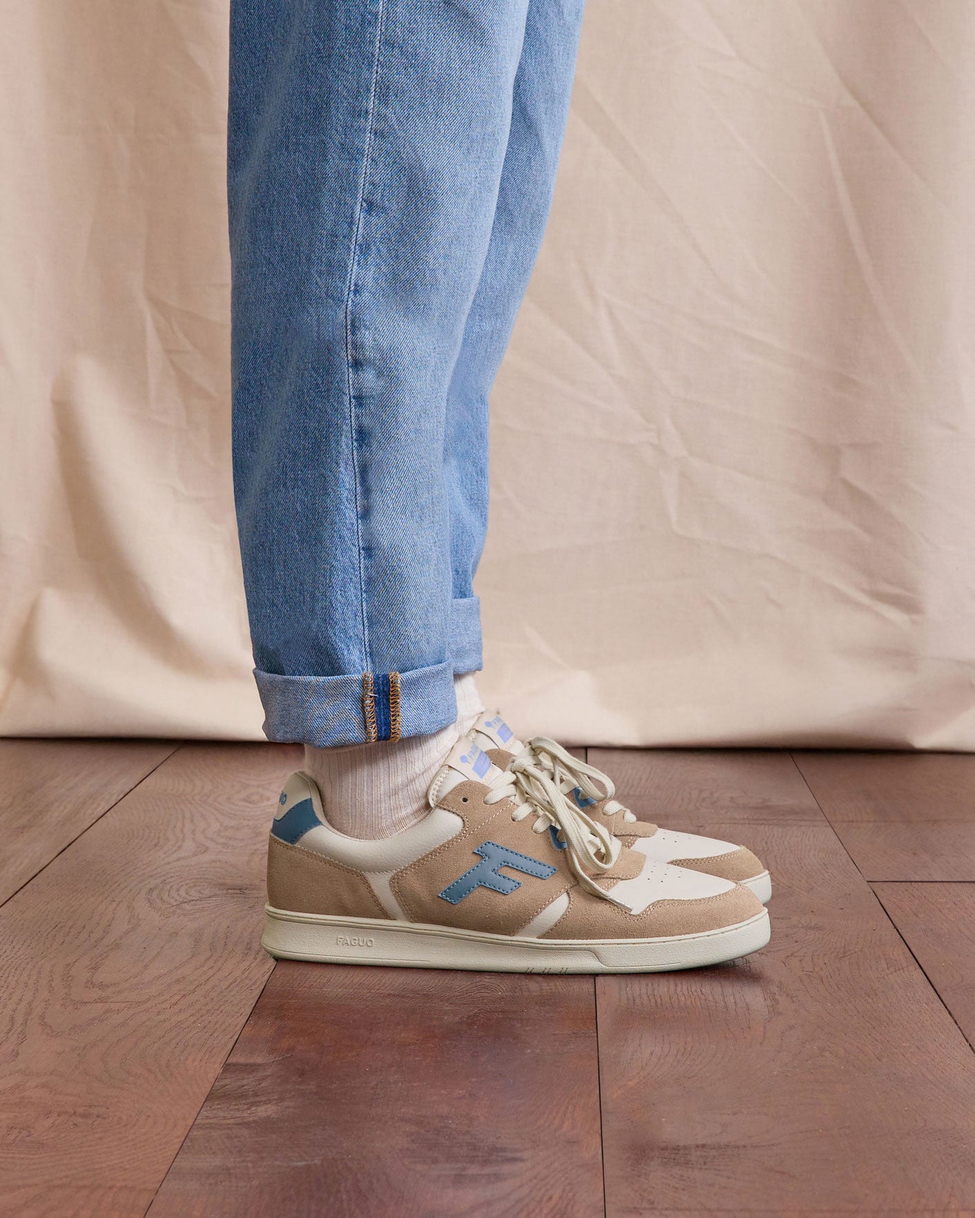 Baskets basses taupe & beige & bleu cuir - PALMER