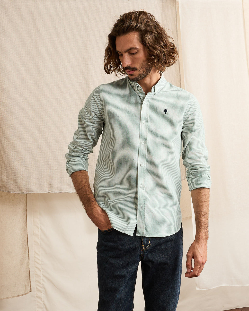 Chemise vert foncé & écru coton - IVOY