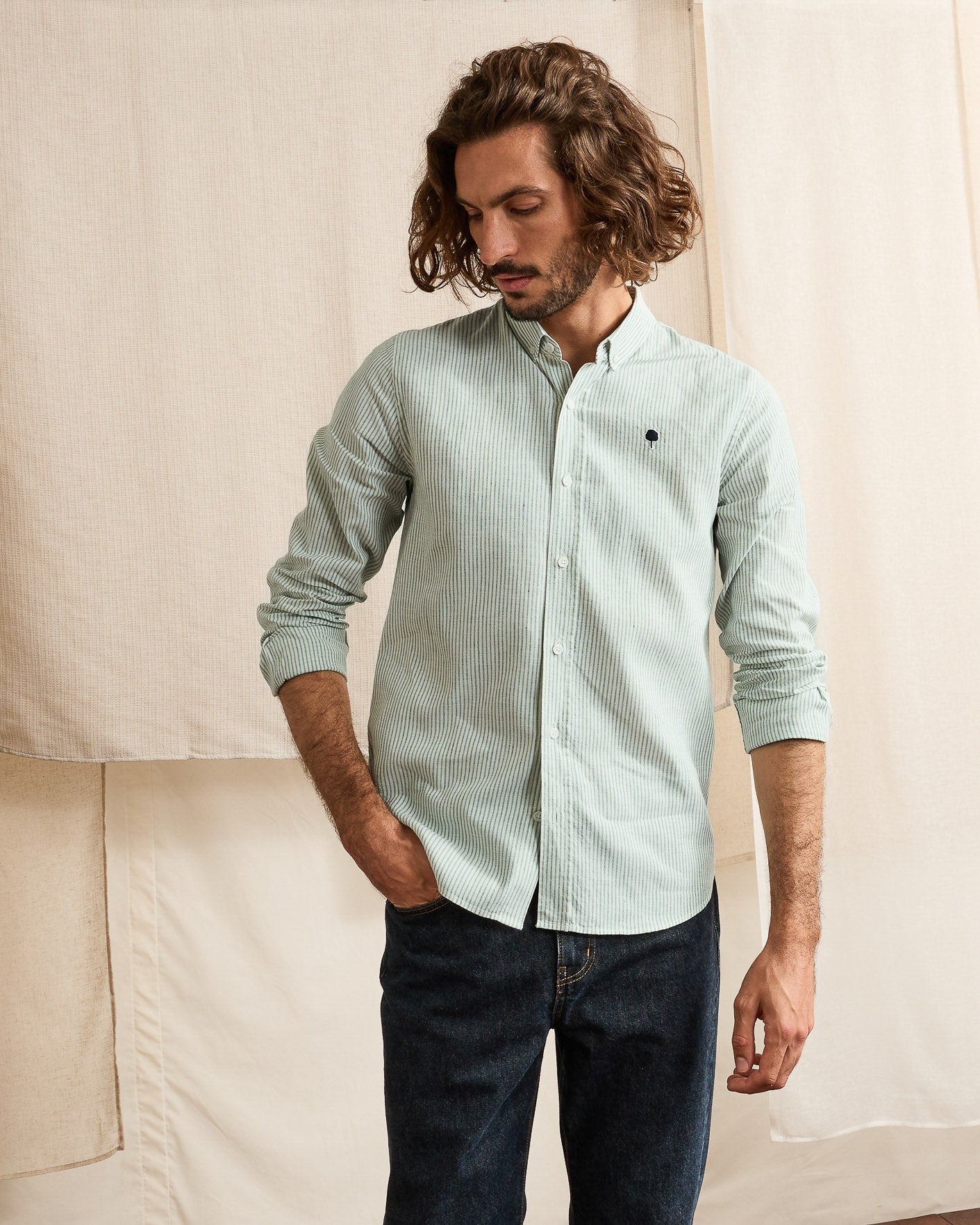 Chemise vert foncé & écru coton - IVOY