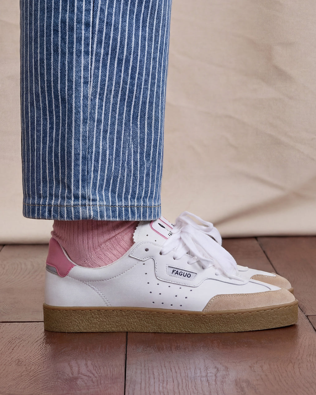 Baskets basses blanc & rose grisé cuir - LUMBO