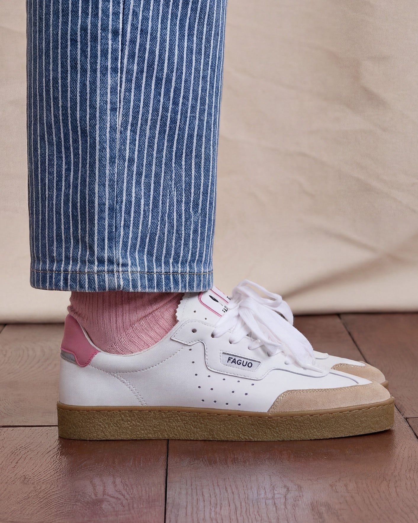 Baskets basses blanc & rose grisé cuir - LUMBO