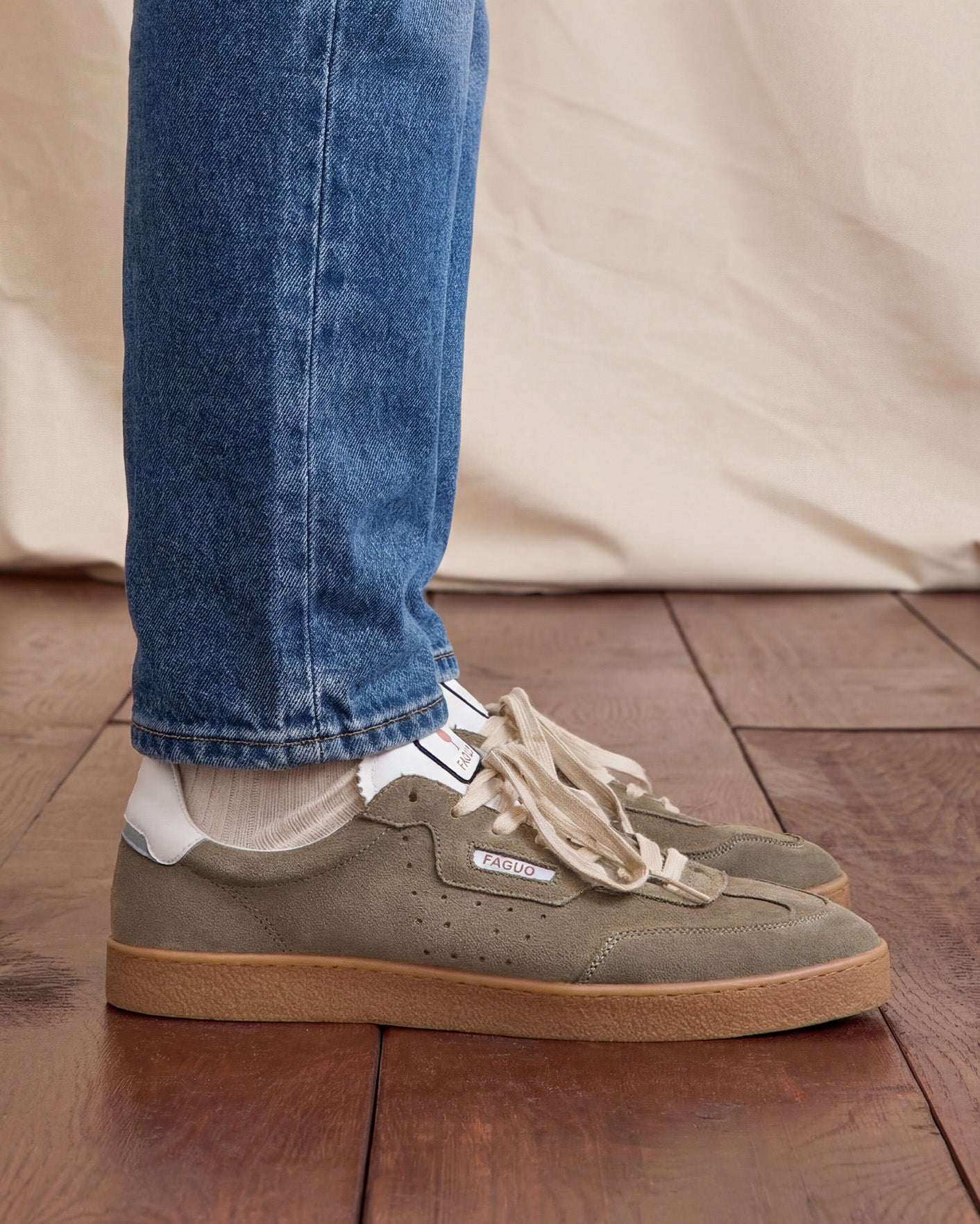 Dark khaki suede leather low-top trainers - LUMBO