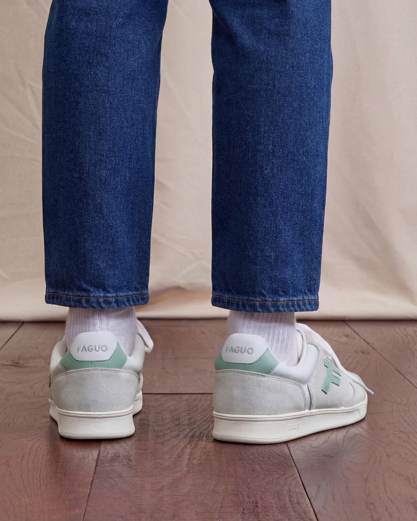 Baskets basses blanc & vert clair cuir - PALMER