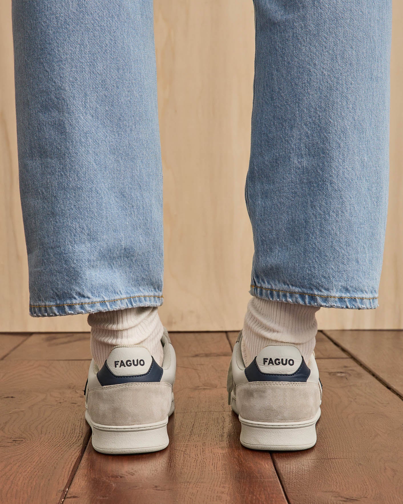 Low-top beige & blue leather trainers - PALMER