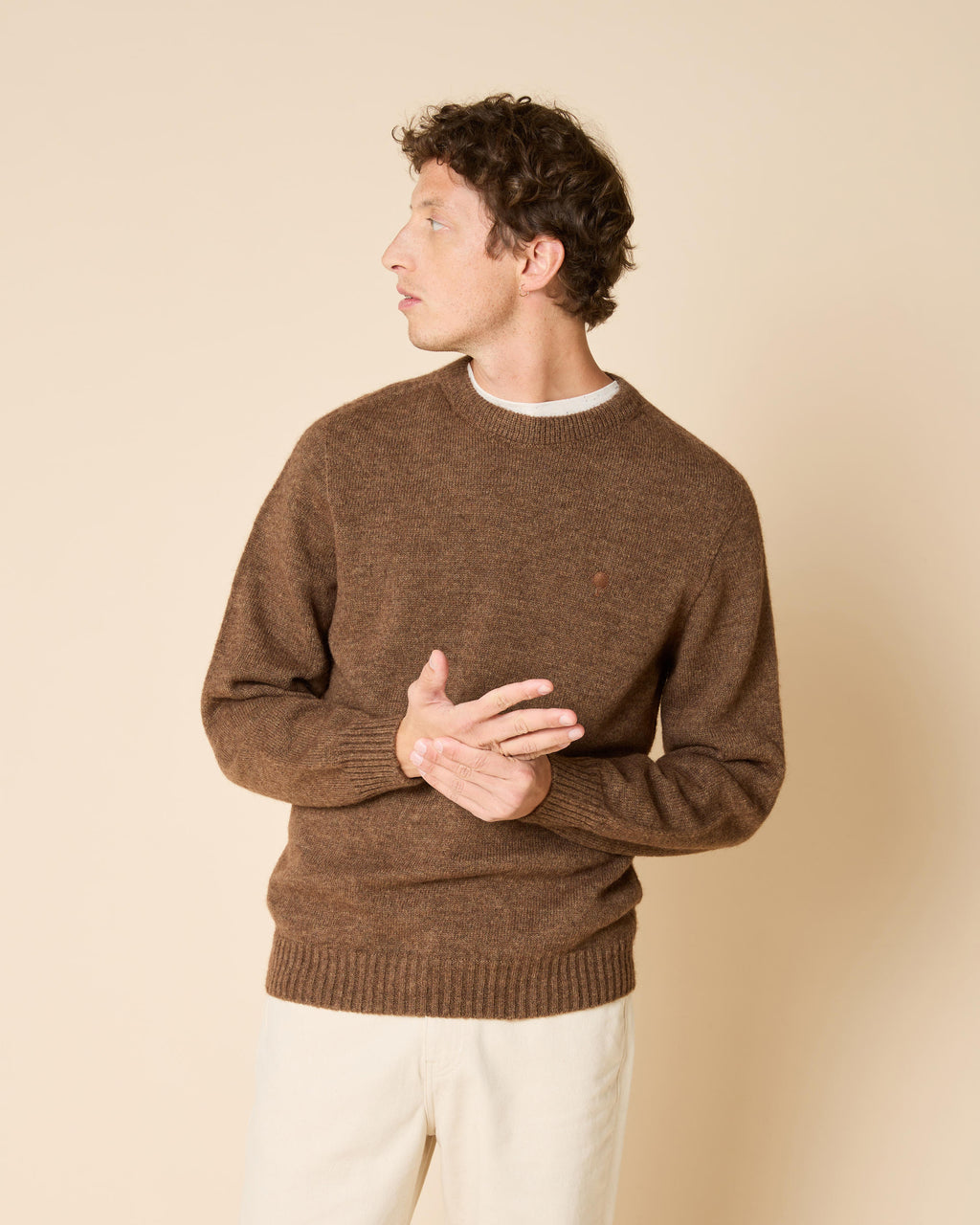 Round-neck wool jumper in taupe
