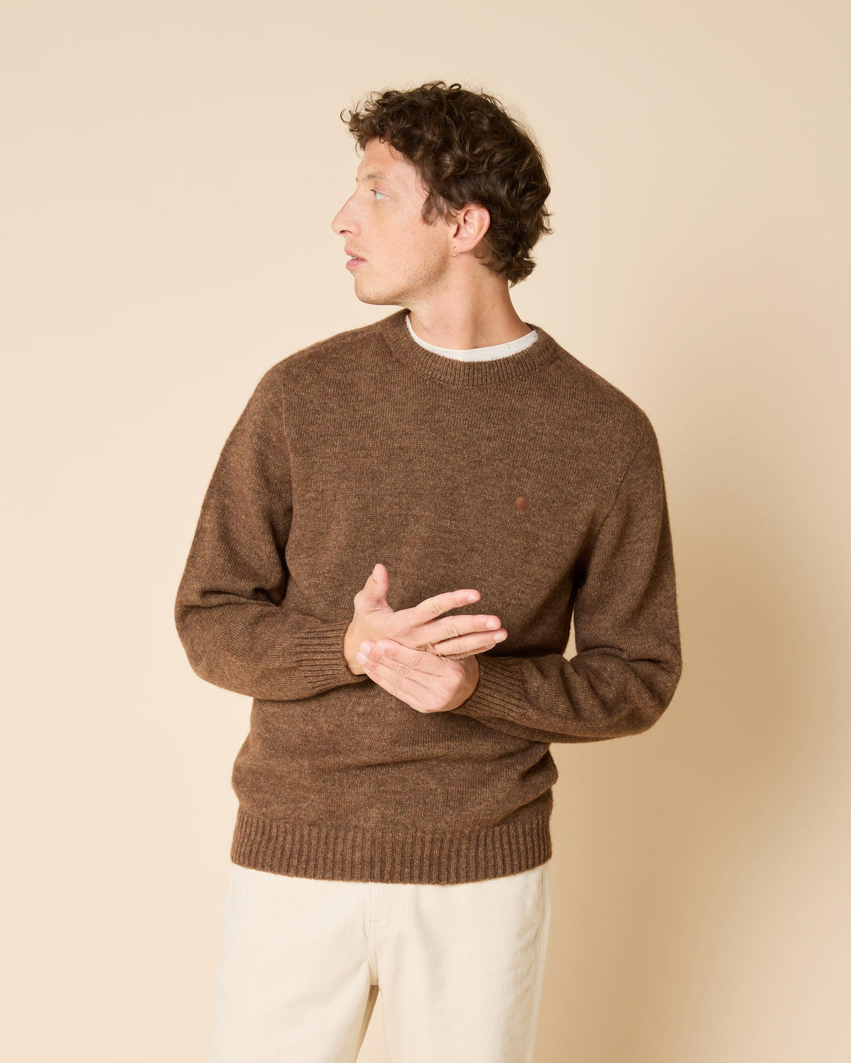 Round-neck wool jumper in taupe