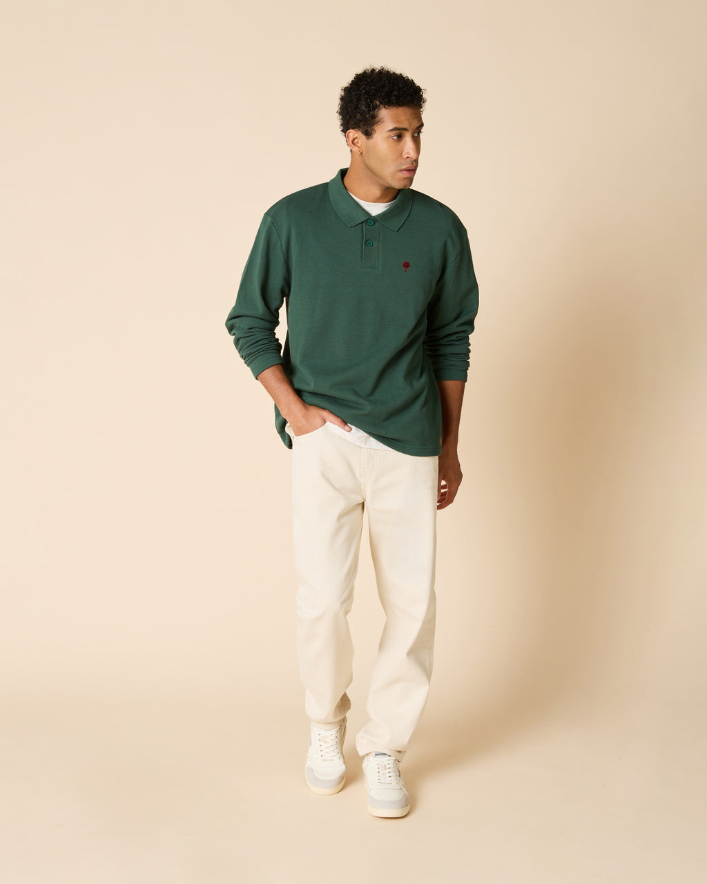 Grünes Langarm-Poloshirt aus Bio-Baumwolle
