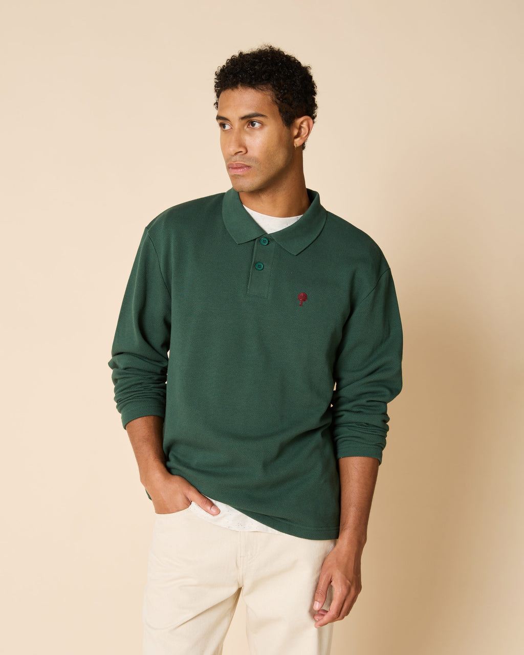 Grünes Langarm-Poloshirt aus Bio-Baumwolle