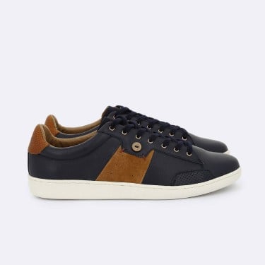 NAVY & TOBACCO LEATHER AND SUEDE TENNIS