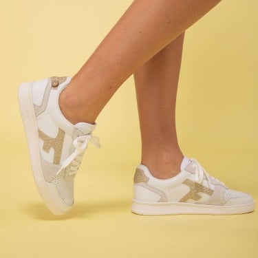 WHITE & GOLD SNEAKERS IN LEATHER & RECYCLED POLYESTER