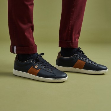 NAVY & TOBACCO LEATHER AND SUEDE TENNIS