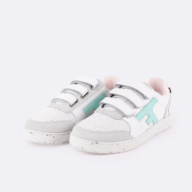 White and mint sneakers in leather and PU - Hazel velcro model