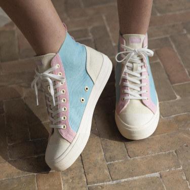 Ecru and pink and blue tennis vegan in cotton and liège - Nutmeg model