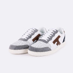 Grey and tawny and navy sneakers in leather - Hazel model