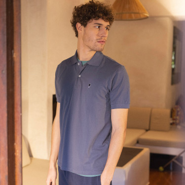Washed navy polo in cotton and recycled cotton - Lumigny model
