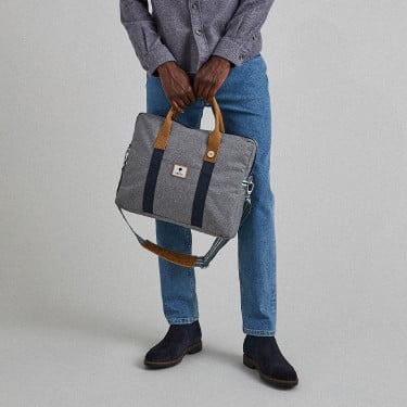 Grey computer bag in recycled polyester and nubuck leather - Laptop model