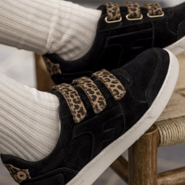 Baskets noir & léopard suède & polyester - modèle Hazel velcro - FAGUO